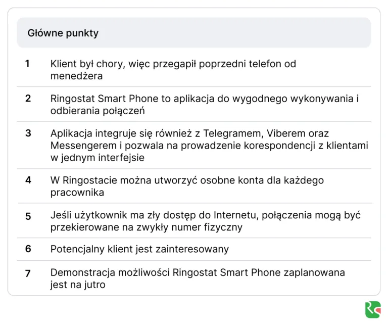 Przykład, jak Ringostat AI wyróżnia kluczowe momenty rozmowy