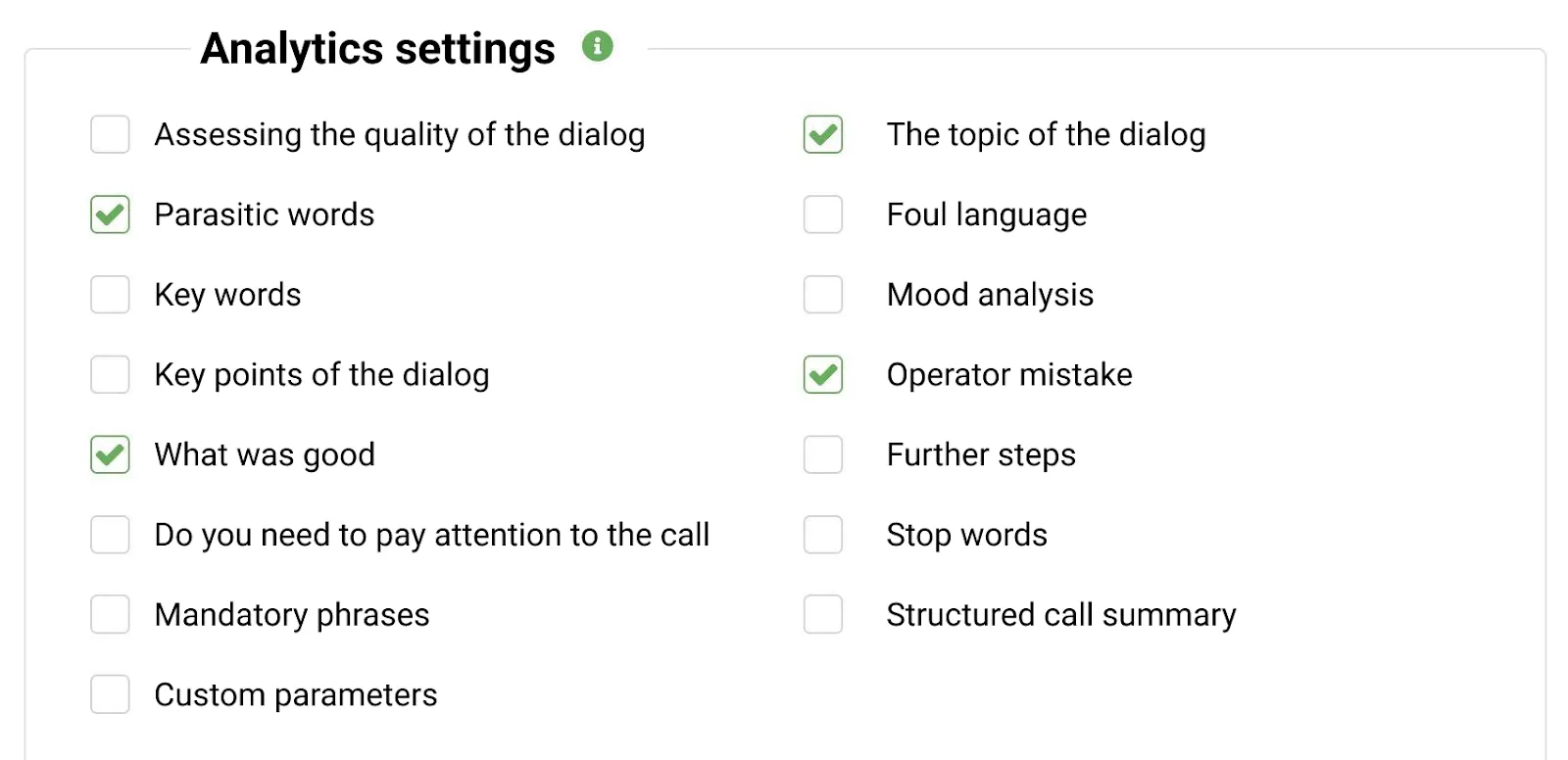 Call analytics settings
